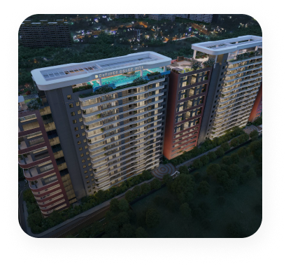aerial view two modern residential towers with rooftop swimming pool and surrounded by forest in evening 