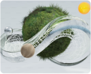 depiction of sustainability with a green grass wrapped ball and wide transparent infitnity sign covering the green ball