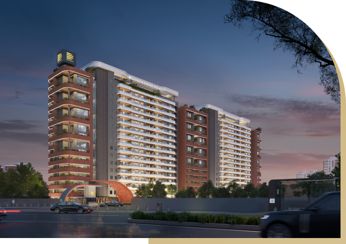 cropped image of two modern high rise residential towers with clean roads, cars, and setting sun in background