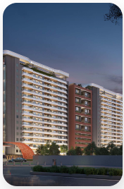 cropped image of a modern residential high rise building and evening sky in background