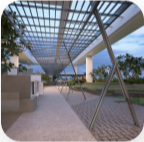 image of a modern outdoor reception with overarching metal and glass structure