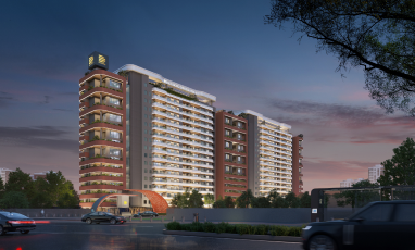 image of two modern high rise residential towers with clean roads and setting sun in background