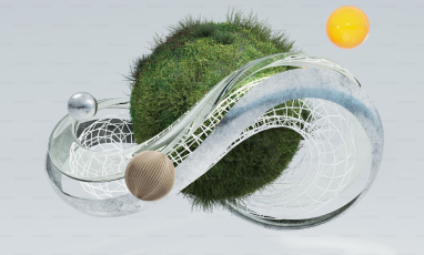 depiction of sustainability with a green grass wrapped ball and wide transparent infitnity sign covering the green ball