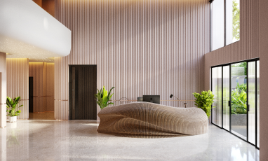 image of a modern work space with natural light, indoor plants, and sliding doors 