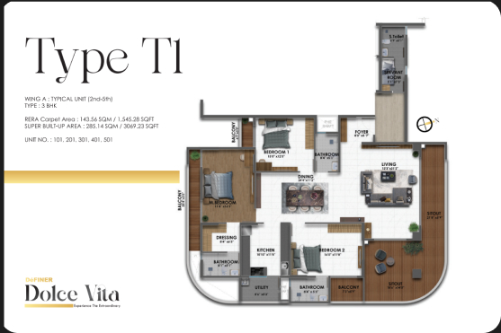 image of floor plan for type t1 and detailed measurement of flats